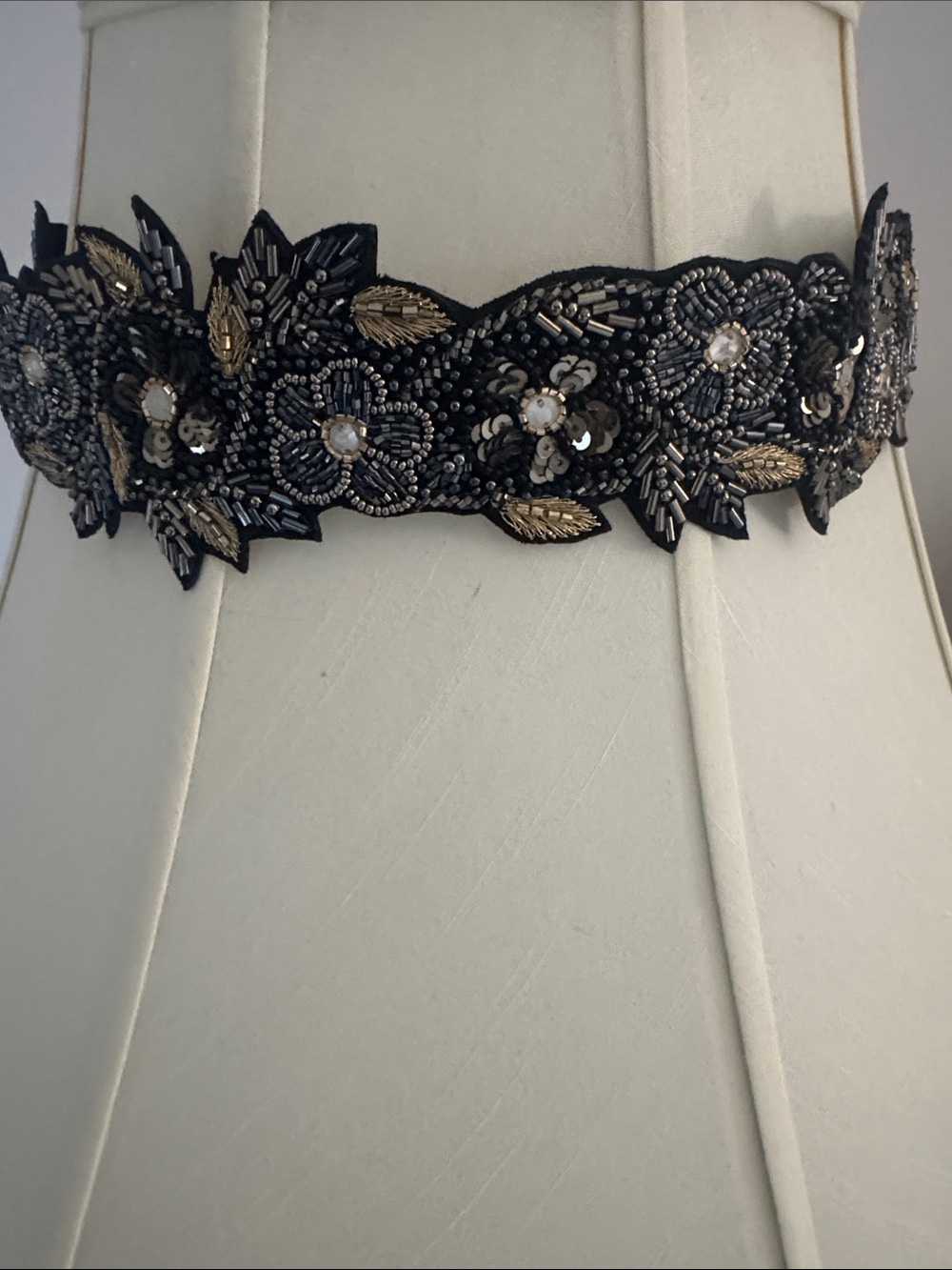 SFERRA Black Embellished Floral Beaded Waist Belt with Gold Accents